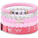 Risyfjew WWJD Bracelet Set for Women Men Adjustable WWJD Wristbands Christian Cross Bracelet Stackable Boho Clay Bead Bracelets Stretch Glass Beaded Inspirational Christian Jewelry Gift