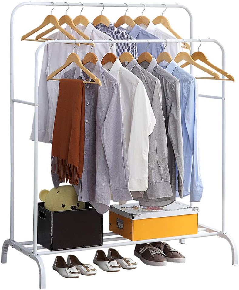 GISSAR Clothing Double Rod Garment Rack with Shelves, Metal Hang Dry Clothes Rail for Hanging