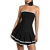 Floerns Women's Contrast Binding Tube Tops Dress Pleated Tiered Party A Line Dresses