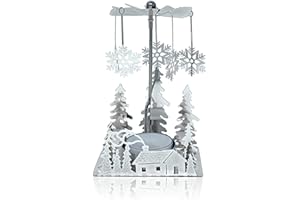 BANBERRY DESIGNS Winter Holiday Cabin Silver Candle Spinner - Silver Plated Laser Cut Winter Scene - Cabin Trees with Snowflake Charms - Tea Light Candle Holder - Christmas Decor - 5" H