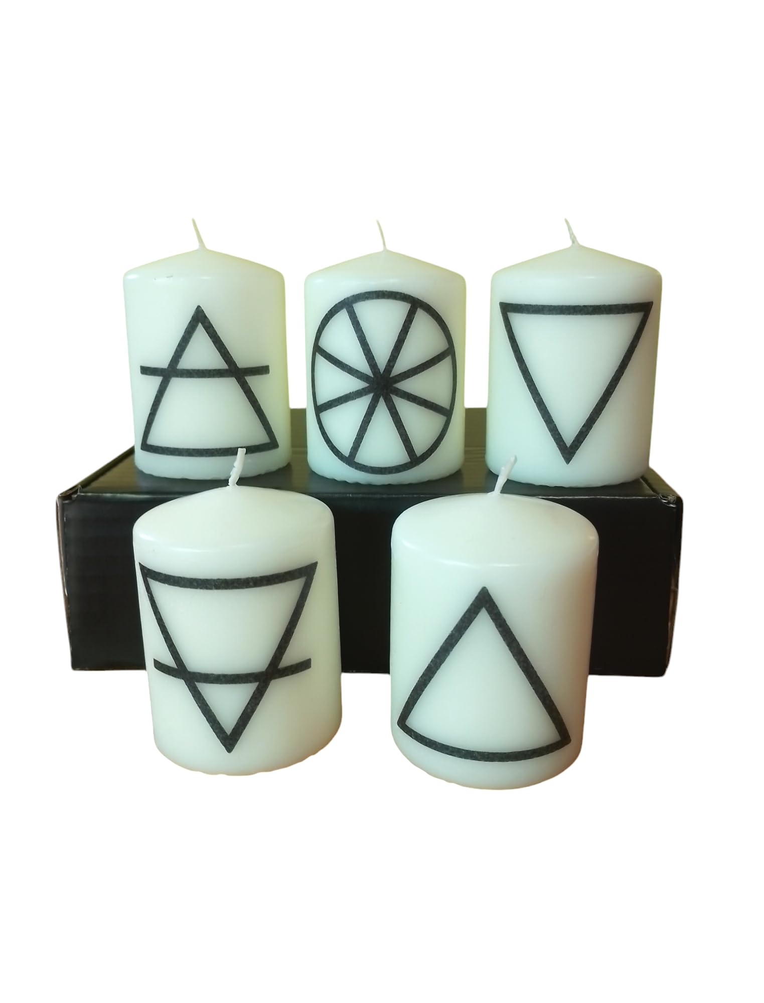 Mystical Elemental Wytchcraft Candle Set of 5 Unscented White Pillar Candles with Witchy Elements Symbols Altar Home Decoration Meditation Manifest