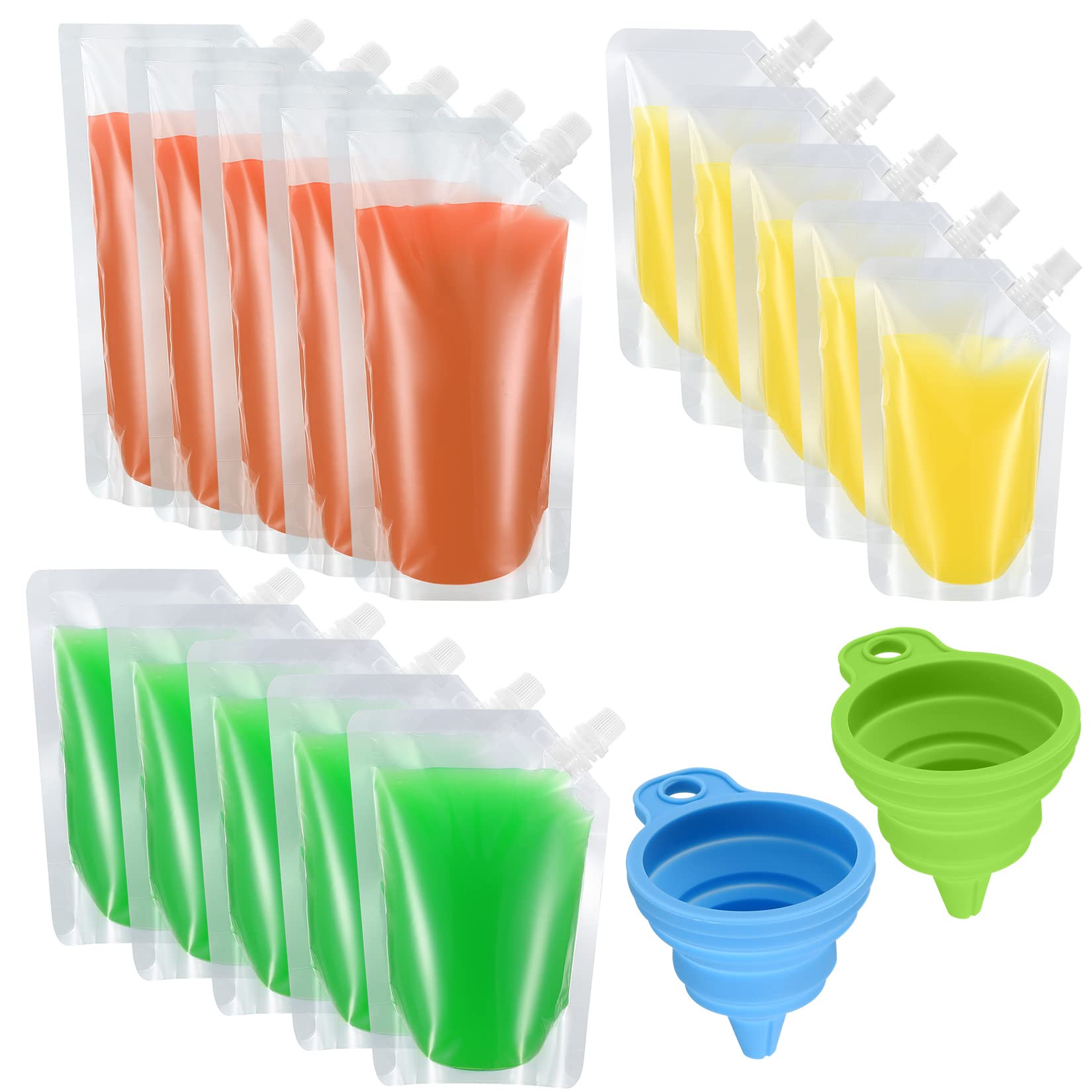 15 Pcs Drinks Pouches for Festivals, Reusable Plastic Drinks Flasks, Liquor Flasks with Spout, Juice Drinking Pouches Bags with 2 Pcs Funnels for Festivals Party Beverage - 250ml/350ml/500ml