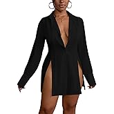 LYANER Women's Button Down Shirt Dress Collar V Neck Long Sleeve Slit Sexy Shirt Dresses