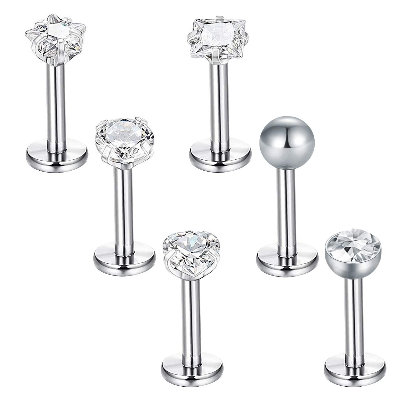 Briana Williams 6pcs Stainless Steel Lip Bars Labret Stud Set 6mm 16G Tragus Helix Earring Piercing Bars
