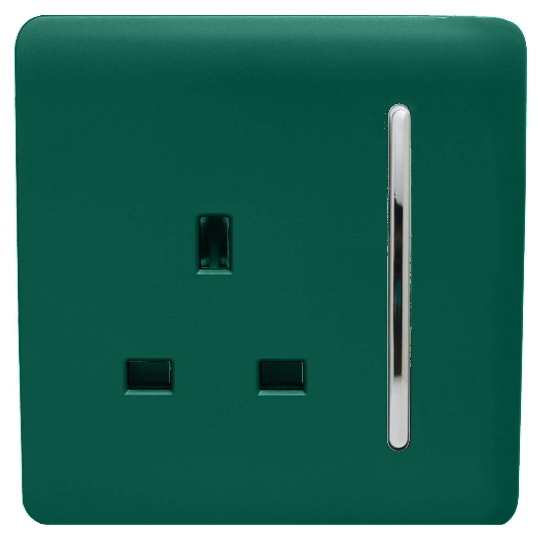 Trendi 1 Gang Raised Artistic Modern Glossy Screwless 13 Amp Single Pole with Chrome Switched UK Standard Electrical Double Wall Plug Socket in Dark Forest Green - ART-SKT13DG