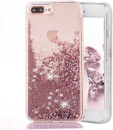 iPhone 7 Plus Case, Toposend Liquid Case Fashion Creative Design Flowing Liquid Floating Luxury Bling Glitter Beads Sparkle with Carved Rhinestone Diamond TPU Bumper for iPhone 7 Plus (Rose Gold)