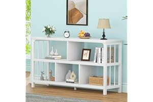 IBF White Wood Bookshelf, Industrial Horizontal Cubby Book Shelf, Low Open Shelf Bookcase for Office Living Room, Modern Short Wide 5 Cube Storage Organizer for Books Display Bedroom, White Oak, 47 In