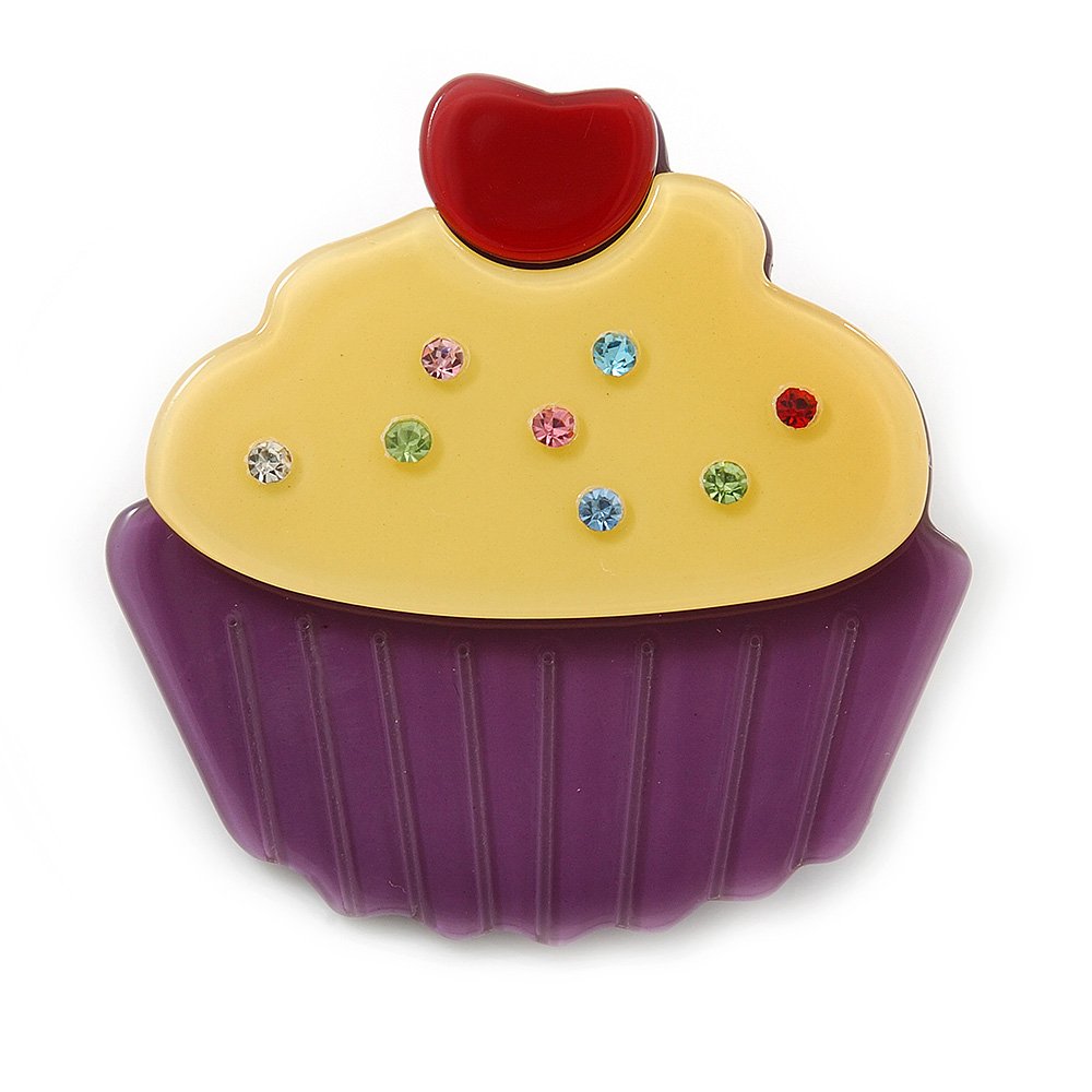 Bright Yellow/Purple Austrian Crystal Acrylic 'Cupcake' Pin Brooch - 40mm Across