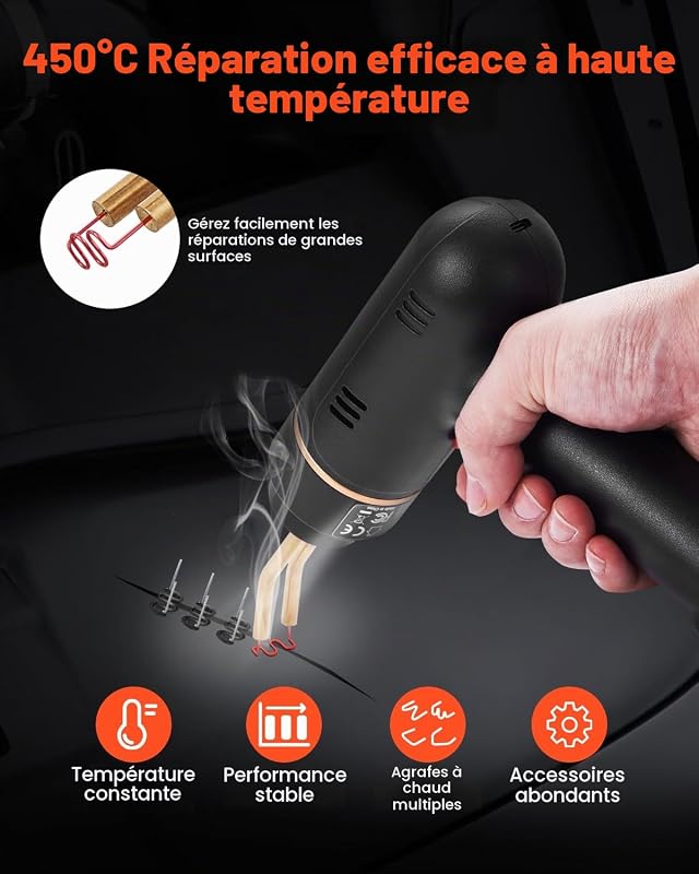 Soudure Plastique sans Fil, 120 W, Pistolet de Soudage Plastique Rechargeable 400 Agrafes de Soudage, Kit Réparation Pro Pare-chocs Voiture pour Kayak, Jouets, Réparation Fissures en Plastique