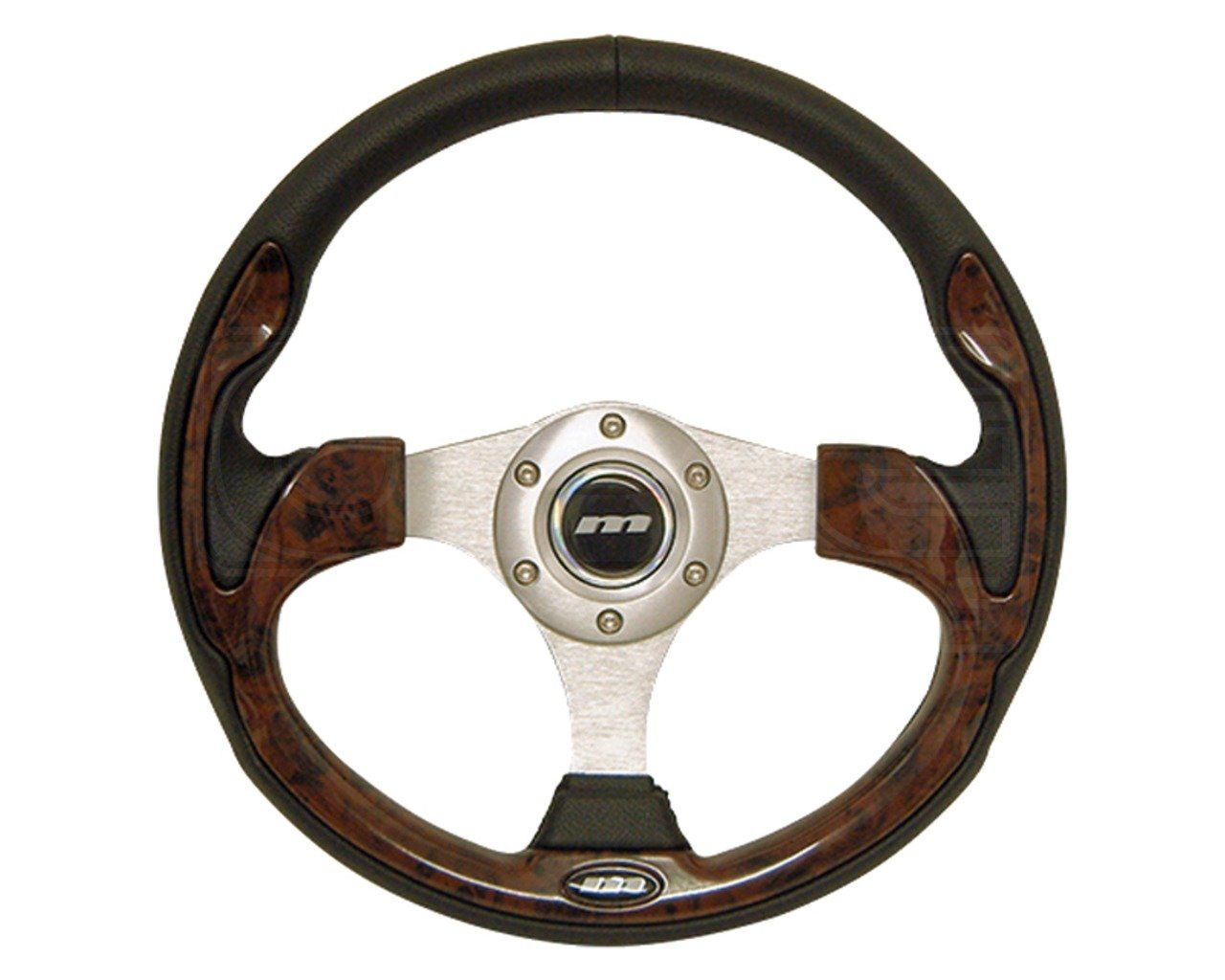 Mountney M32X3VV9S M Range Steering Wheel , Silver Anodised Center, 3 Spoke, Black Leather With Wood Look Inset, 320mm In Diameter