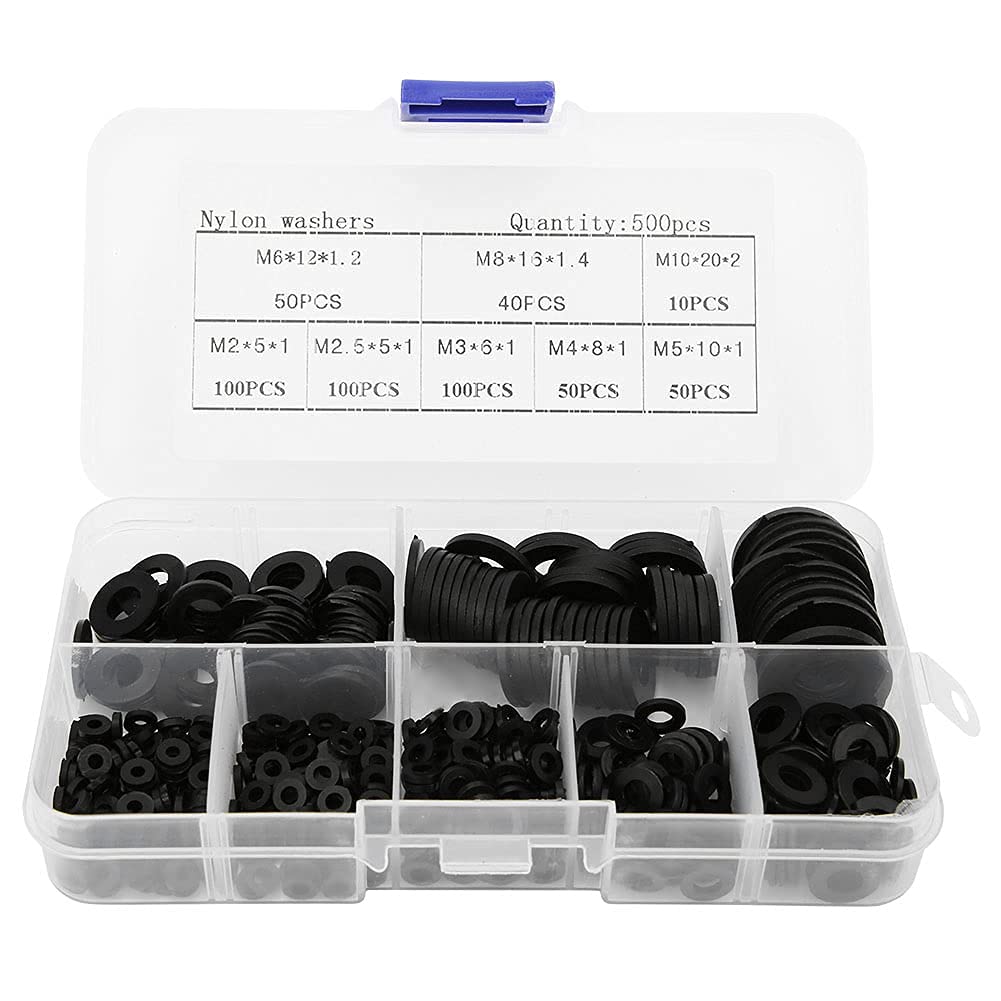 Nylon Flat Washer Assortment Set 500 Piece M2 M2.5 M3 M4 M5 M6 M8 M10 Flat Washers Kit for Hardware Fastening