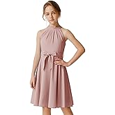 Quedoris Girls Halter Neck Pleated A-line Swing Flared Belted Casual Party Dress with Zipper