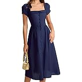 RIHOAS Elegant Casual Dresses for Women Short Sleeve Puff Square Neck A-Line Midi Dress
