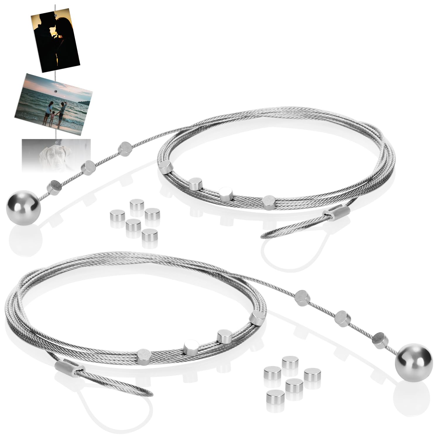 COM-FOUR® Set of 2 Photo Wire Rope with 24 Magnets, Approx. 200 cm x 1.2 mm, Made of Metal - Photo Wire with Magnets for Hanging up Photos (02 Pieces)