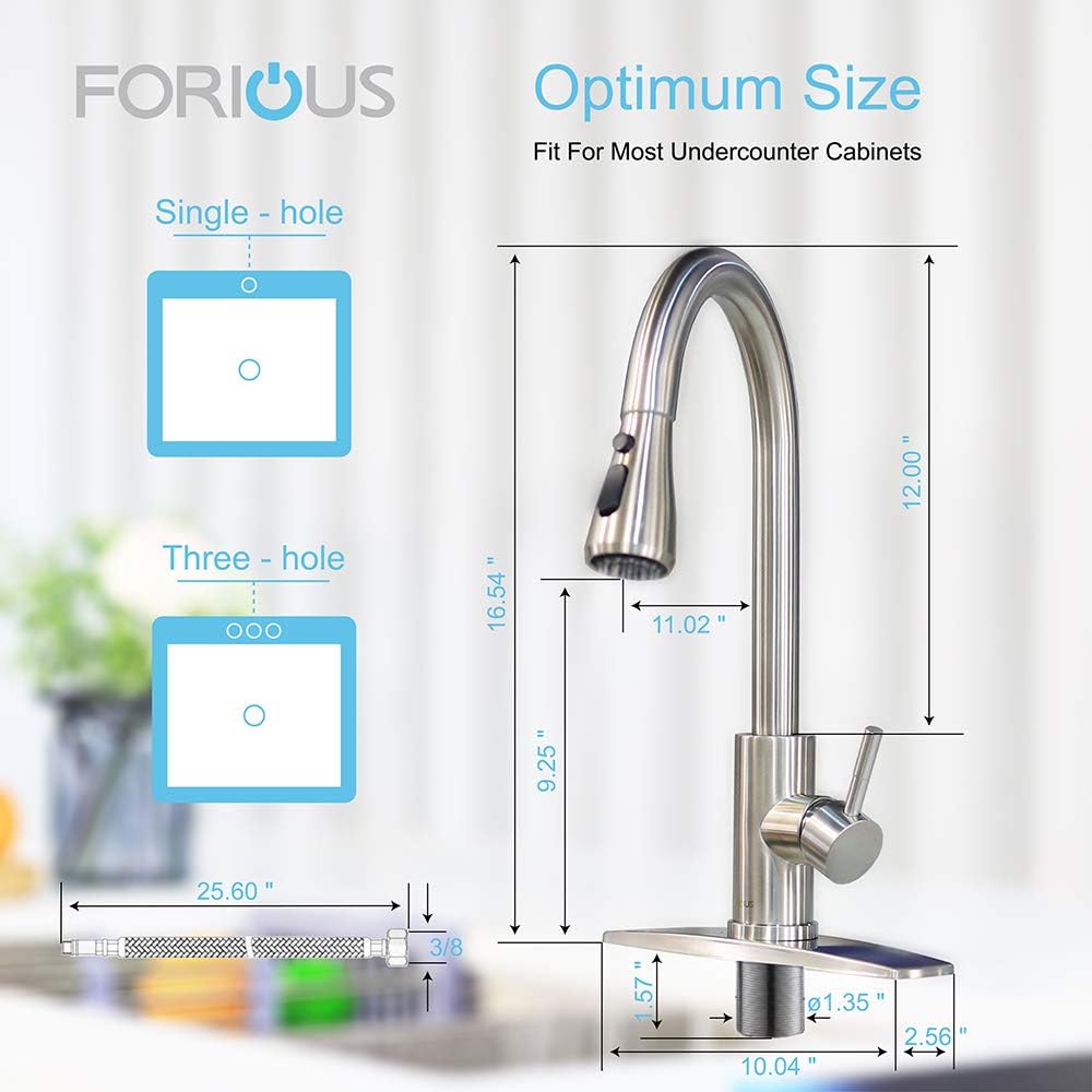 FORIOUS Kitchen Faucet with Pull Down Sprayer Brushed Nickel, High Arc Single Handle Kitchen Sink Faucet with Deck Plate, Commercial Modern rv Stainless Steel Kitchen Faucets, Grifos De Cocina - - 