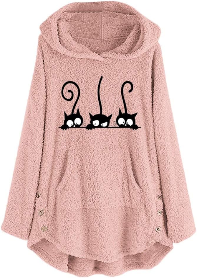 NAYI Womens Fleece Cat Embroidery Plus Size Warm Hoodie Top Button Sweater Blouse Overcoat Lady Coat