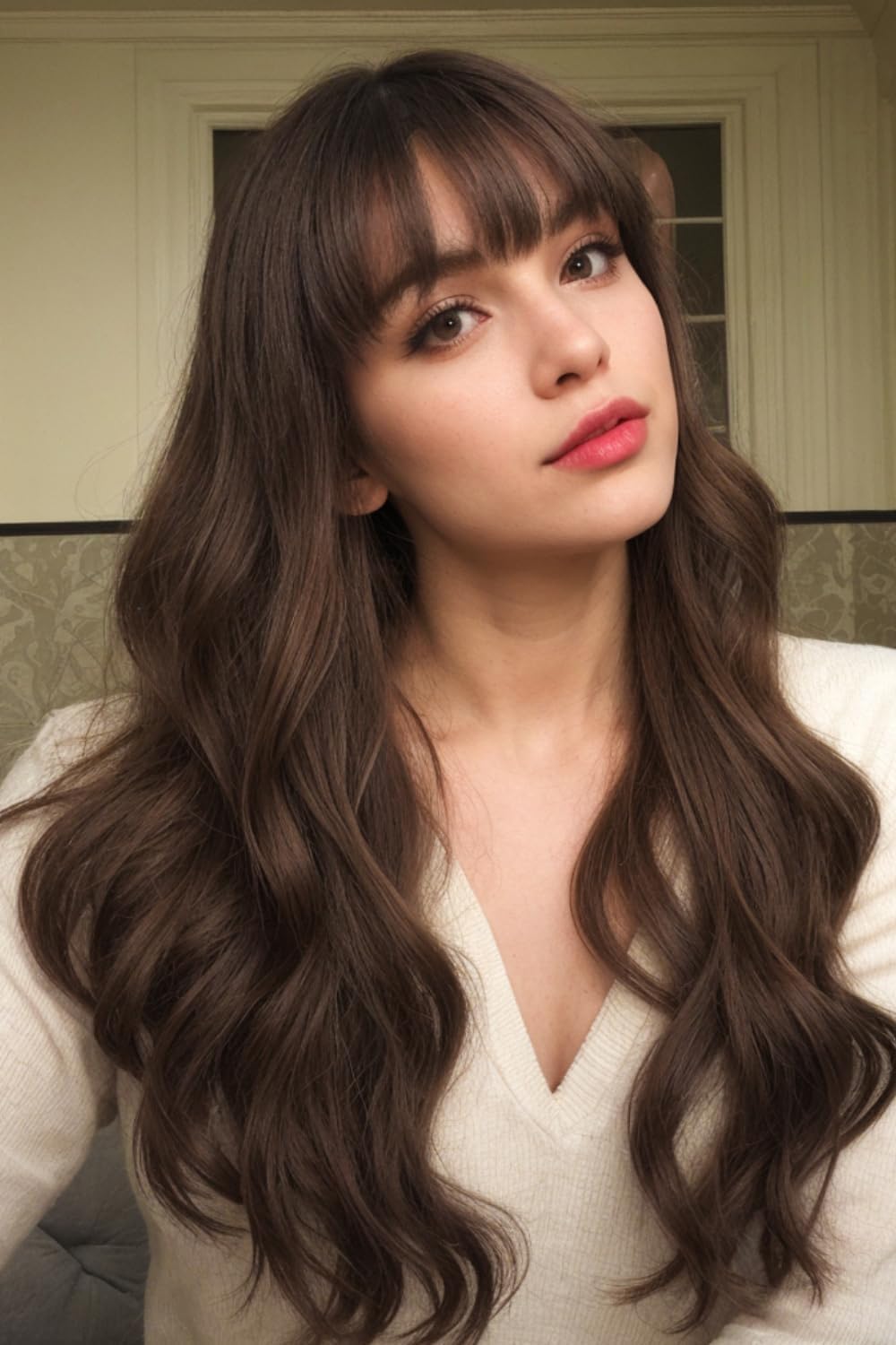 PORSMEER Long Wavy Curly Dark Brown Wig with Fringe for Women Natural Synthetic Hair Heat Resistant Wigs for Ladies Daily pr Party Cosplay Wear-26 Inches — image 1