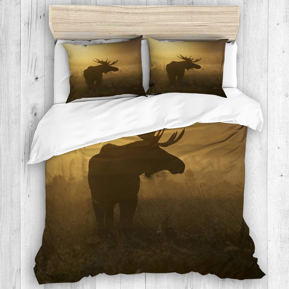 ECOMAOMI 3-Piece Home Fashion Designs Duvet Cover Set,Alaska Animal Antler Autumn Battle Bull Moose Canada Deer Dew Dominant Fall Fog Golden Light,Best Modern Style Microfiber Quilt Set,Full/Queen