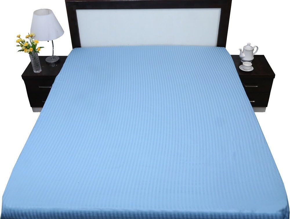 aashirainwear 1 Fitted Sheet Only 100% Cotton 400-Thread-Count Full Size Light Blue Stripe (18 Inch Drop)