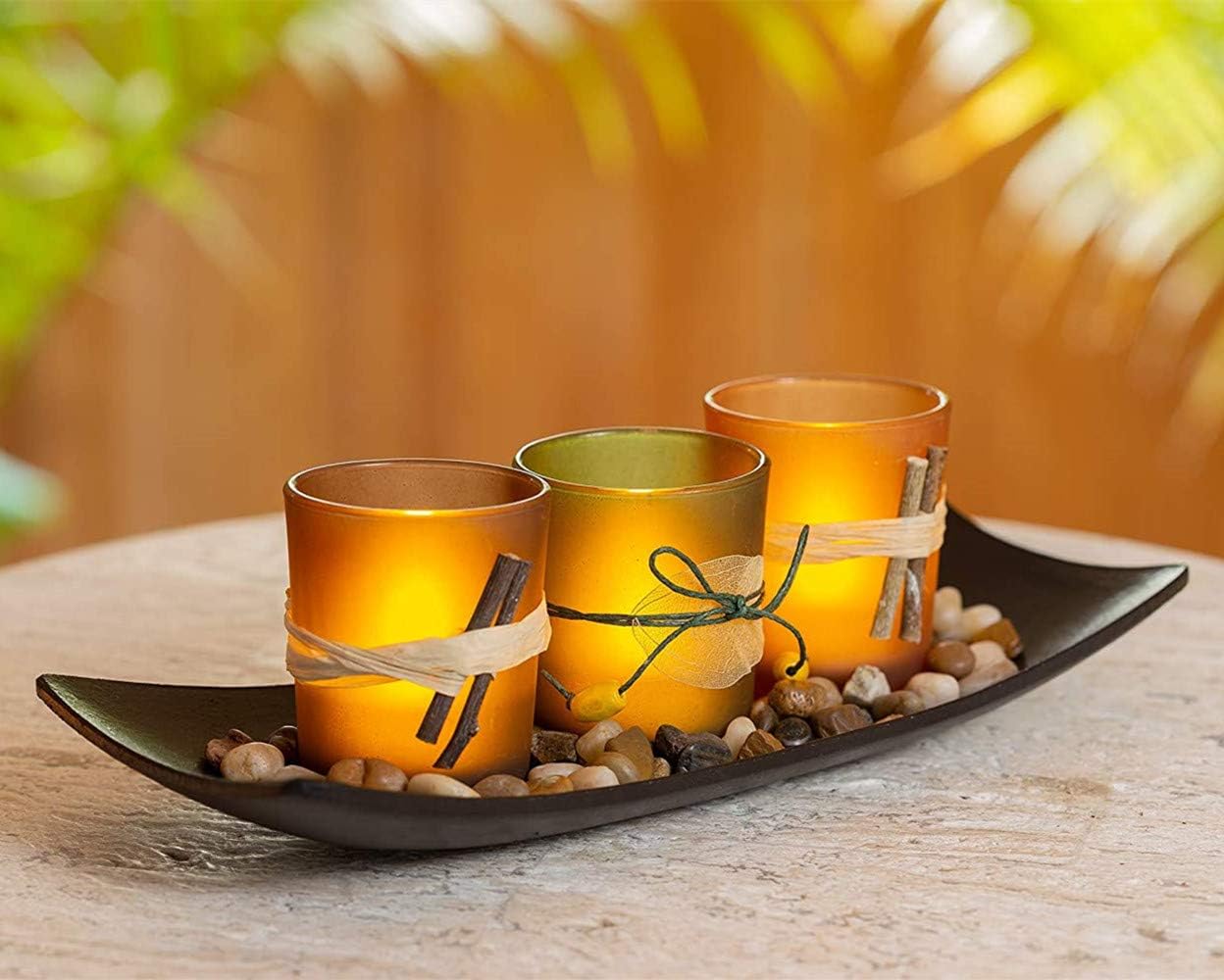 Lovecat Votive Glass Candlestick Cup Set, Natural Candlescape Tealight Holder Set, 3 Candleholder Cups with Wooden Tray Stones, Home Decor Candle Holders: Home & Kitchen