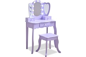 Teamson Kids Heart Glow Makeup Kids Vanity Set with Heart Shape LED Light-Up Mirror, Matching Stool and Storage Drawers, Pretend Makeup Play Table for Toddlers and Girls 3+ Years Old, Purple