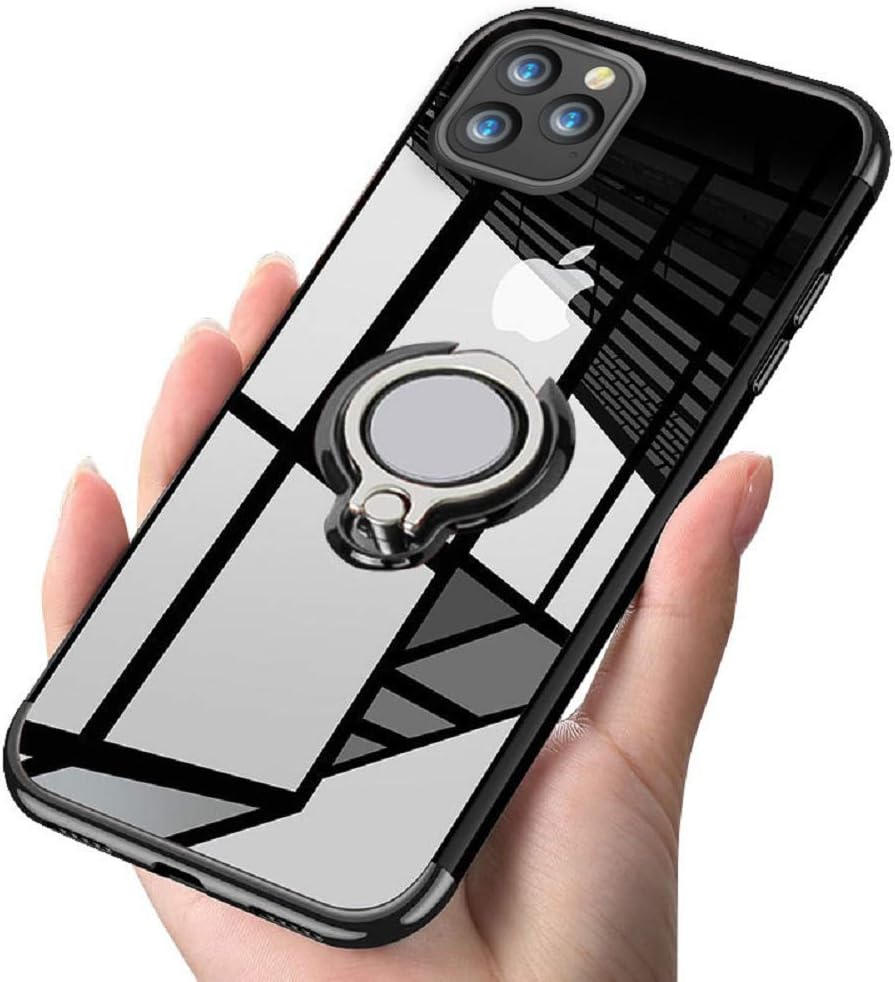 Oihxsetx Compatible with iPhone 11 Pro Max 6.5'' Case Clear 360° Rotatable Ring Holder Grip Stand Car Magnetic Mount Soft TPU Slim Fit Silicone Shockproof Bumper Anti-Scratch Protective Cover - Black