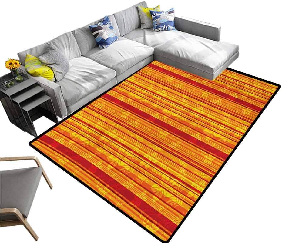Orange Carpet mat Vertically Stripes Pattern with Stylized Flowers Swirled Leaves and Dots Design for Kitchen Rugs Orange Yellow (5'x7')