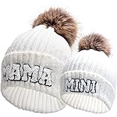 2PCS Parent-Child Beanie Hat Mama and MINI Embroidery Knitted Hat Winter Warm Cuffed Ski Cap with Pom Pom