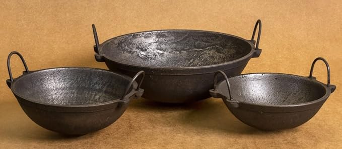 Siva Naturals Traditional Cast Iron Kadai, 7, 8 and 11-inches (SNS03) - Combo of 3