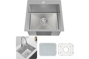 FAUENPEEY Kitchen Sink, Stainless Steel 18 x 18 Inch Grey Bar Sink Top Mount Kitchen Sink Single Bowl Drop In Kitchen Sink Set - Sink Grid, Silicon Mat, Retracable Basket For Modern Stylish Kitchen