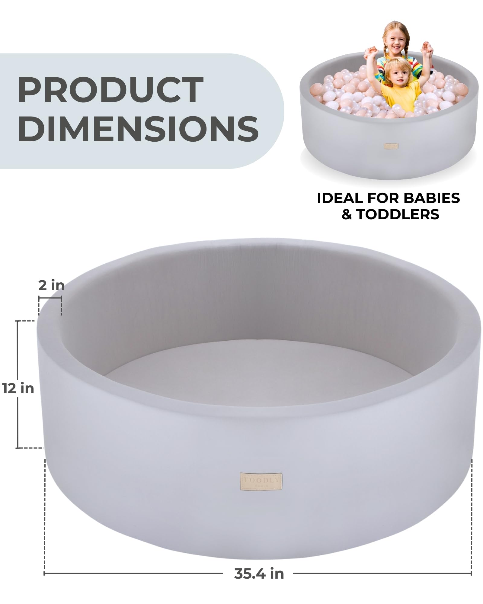 Soft Ball Pit for Toddlers and Babies 35.5 in - Durable Foam Ball Pit for Babies and Toddlers - Balls NOT Included - Grey - Toodly