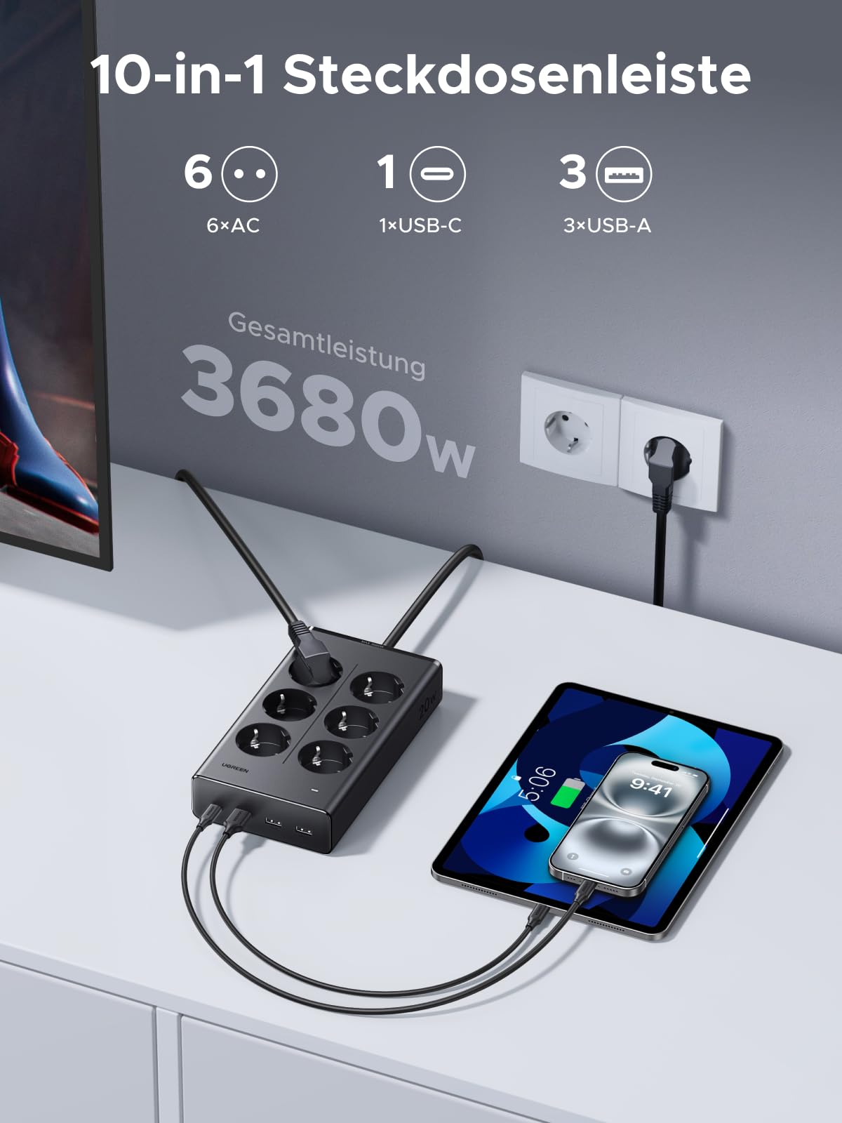 UGREEN Steckdosenleiste mit USB, 10-in-1 Mehrfachsteckdose mit Schalter, 20W Schnellladen USB C, 3680W Steckdosenwürfel mit Überspannungsschutz, Gesamtlänge 1,5 m, für Schreibtische, Büros 2