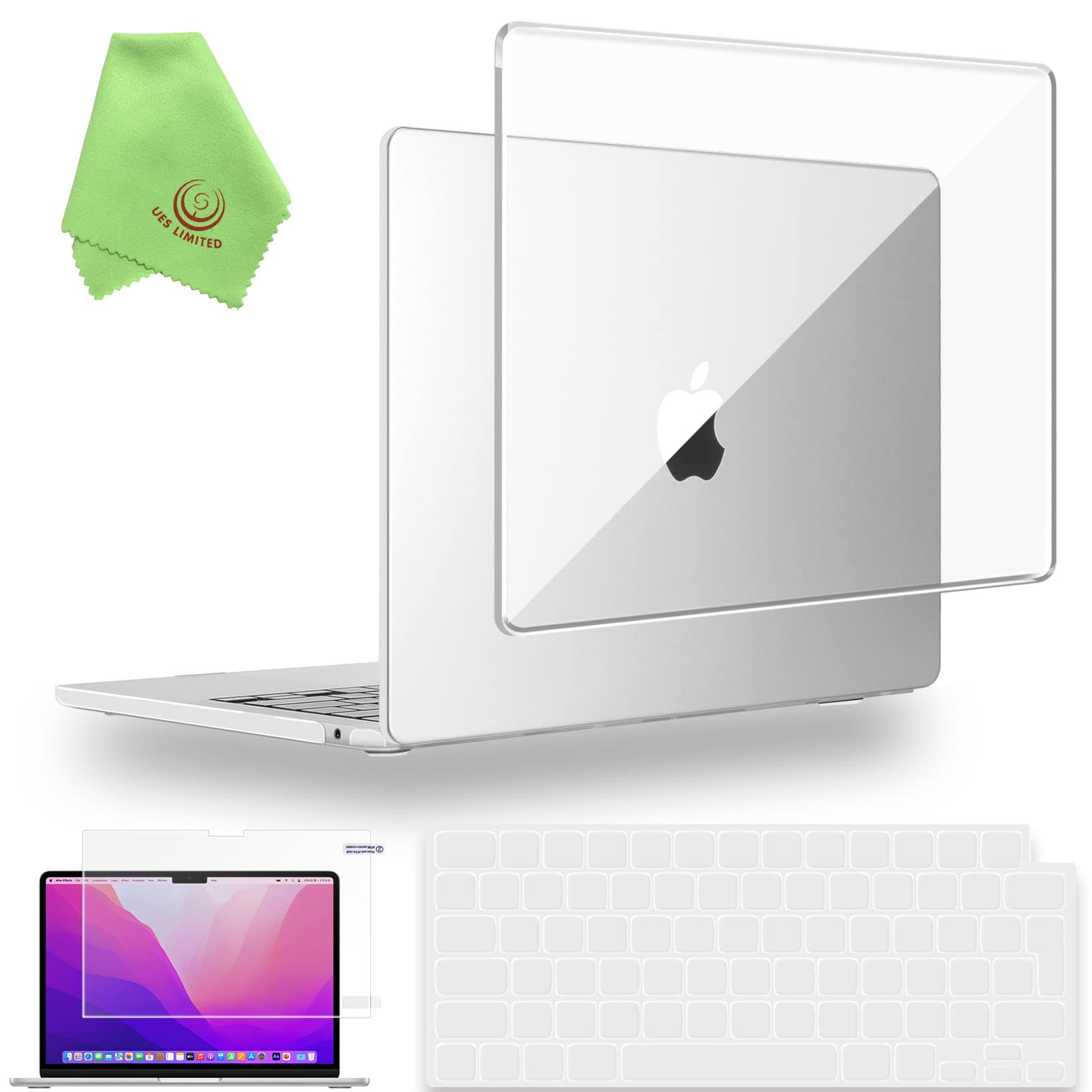 UESWILL 4in1 for MacBook Air 13 inch M2 M3 M4 M5, 2022-2026 Release, Models A3449 A3240 A3113 A2681, Glossy Crystal Hard Shell Case + Keyboard Cover + Screen Protector + Microfiber Cloth, Transparent