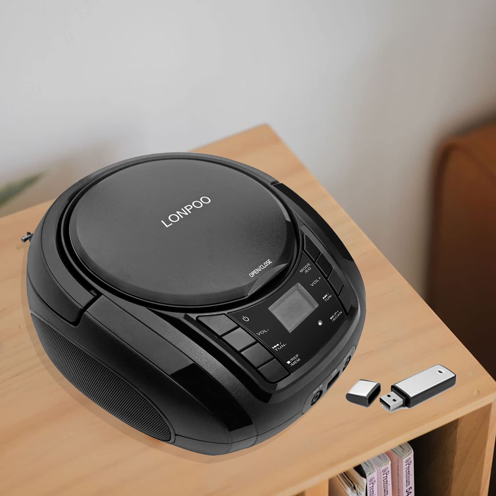 CD Player Portable Boombox with FM Radio/USB/Bluetooth/AUX Input and Earphone Jack Output, Stereo Sound Speaker & Audio Player,Black