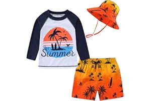 SWMSTUPF Toddlers Baby Boys' 3-Piece Rashguard Set Kids Bathing Suit Set with Hat UPF 50+