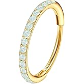 MJust Opal Nose Hoops for Women Men - 316L Surgical Steel Hinged Nose Rings 20G Clicker Septum Nose Ring Lip Helix Cartilage Hoop Earring Daith Rook Conch Body Piercing Jewelry 6MM 7MM 8MM 10MM