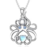 OUTANG Octopus Necklace for Women 925 Sterling Silver Moonstone Tentacle Necklace Octopus Heart Pendant Ocean Beach Jewelry Gifts for Mom Wife