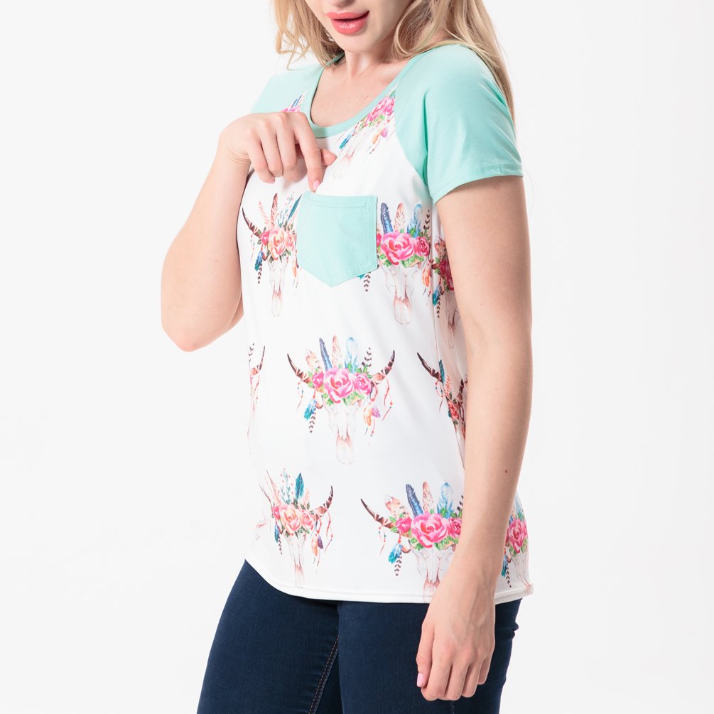 ENJOYNIGHT Women Casual Floral Printed Tops Blouse Short Sleeve T Shirt With Pocket (Large, Light Green)