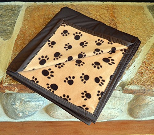 BEST 100% WATERPROOF FLEECE PET THROW DOG BLANKET; Washable, Hypoallergenic: Guaranteed Protection For Furniture & Bed Made in USA (72 x 56″)(Tan Paw Fleece w Mocha)