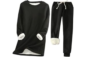 Sdwingk Women's Fleece 2 Piece Outfits Sherpa Lined Loungewear Crewneck Sweatshirt Winter Warm Pullover Thermal Pajama Sets