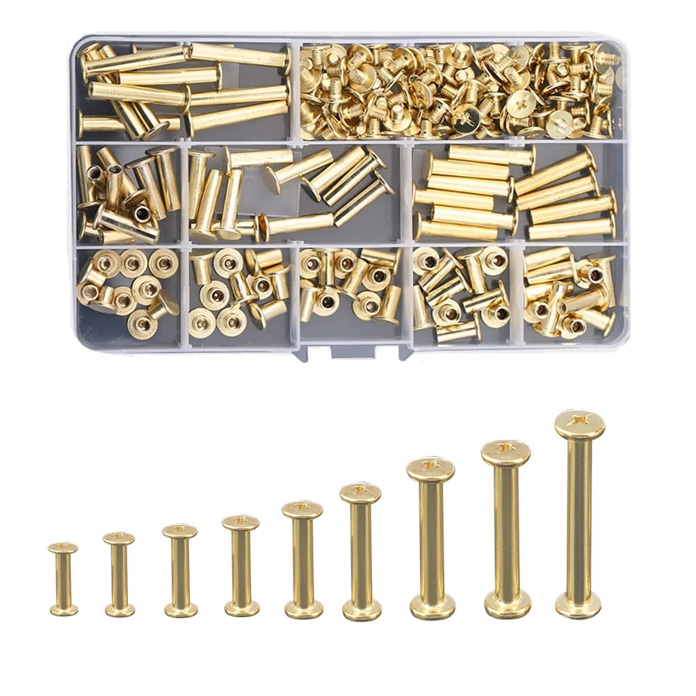CONPHERON Chicago Screws 90 Sets Binding Screw 9 Sizes Rivets for Leather Decoration Book Binding (Brass plated)
