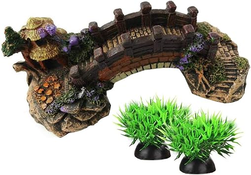 Amazon アクアリウム オブジェ 水槽 オーナメント 水槽 アクセサリー 観賞魚 熱帯魚 金魚 爬虫類 隠れ家 水族館内装 構築植物 水槽 飾り 橋と人工水草 ミニサイズ S Smoothedo Pets オーナメント 通販