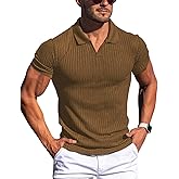 Gnvviwl Men's Muscle V Neck Polo Shirts Slim Fit Short Long Sleeve Cotton Golf T-Shirts Ribbed Knit Soft Tees
