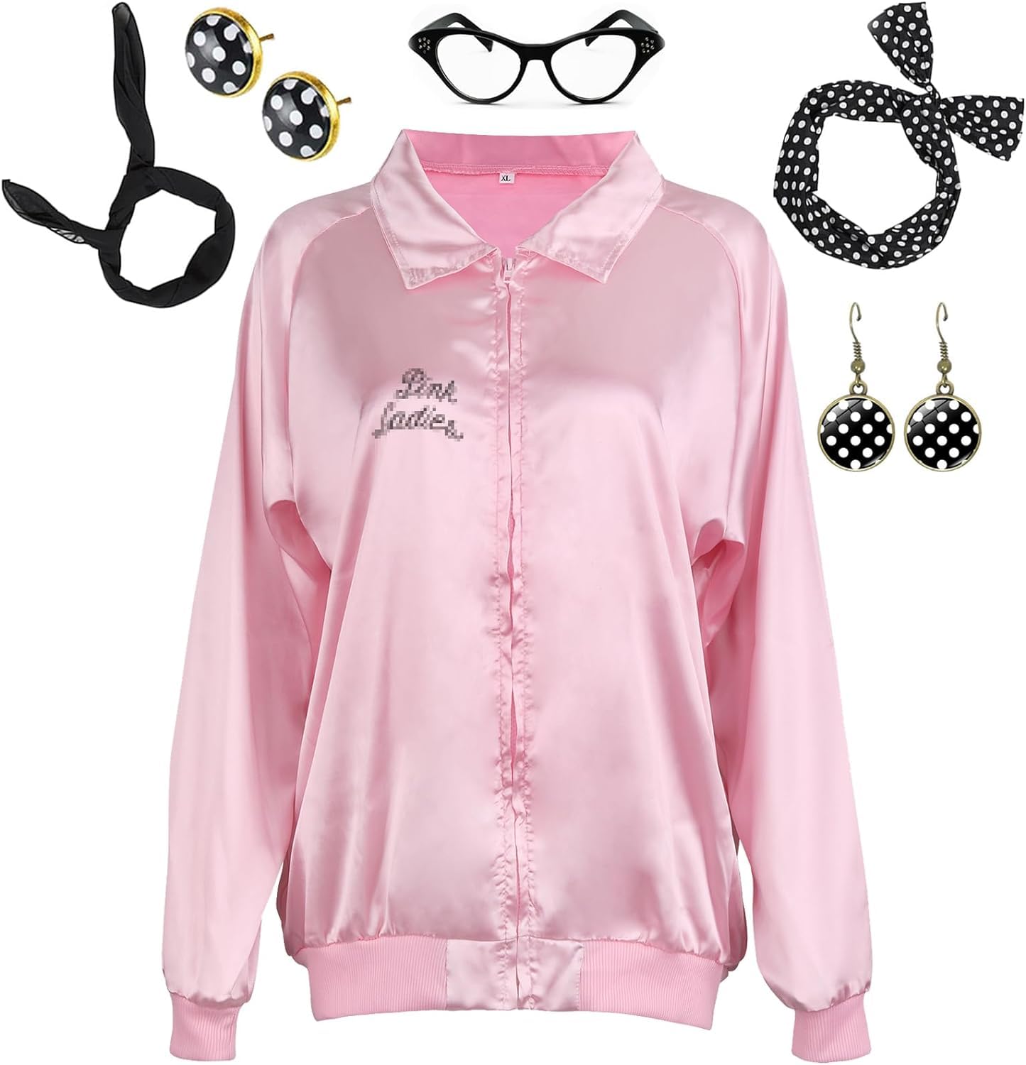 ATOWORLD Pink Ladies Jacket for Ladies Adults 50s 1950s Fancy Dress Women with Accessories Scarf Headbands Earrings Glasses Pink Lady Jacket Grease Fancy Dress Costume Outfit for Women Halloween XXL — image 1