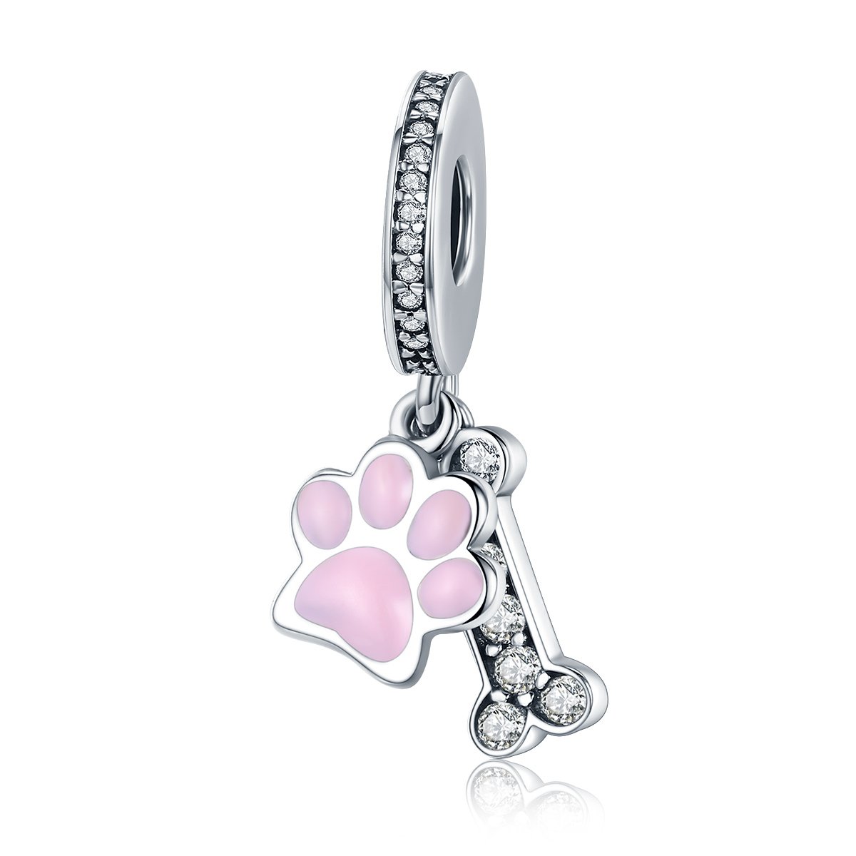 Dog Paw Charm 925 Sterling Silver I Love My Dog Bead for Pandora Charm Bracelet Necklace (Paw Charm with Bone Pendant)