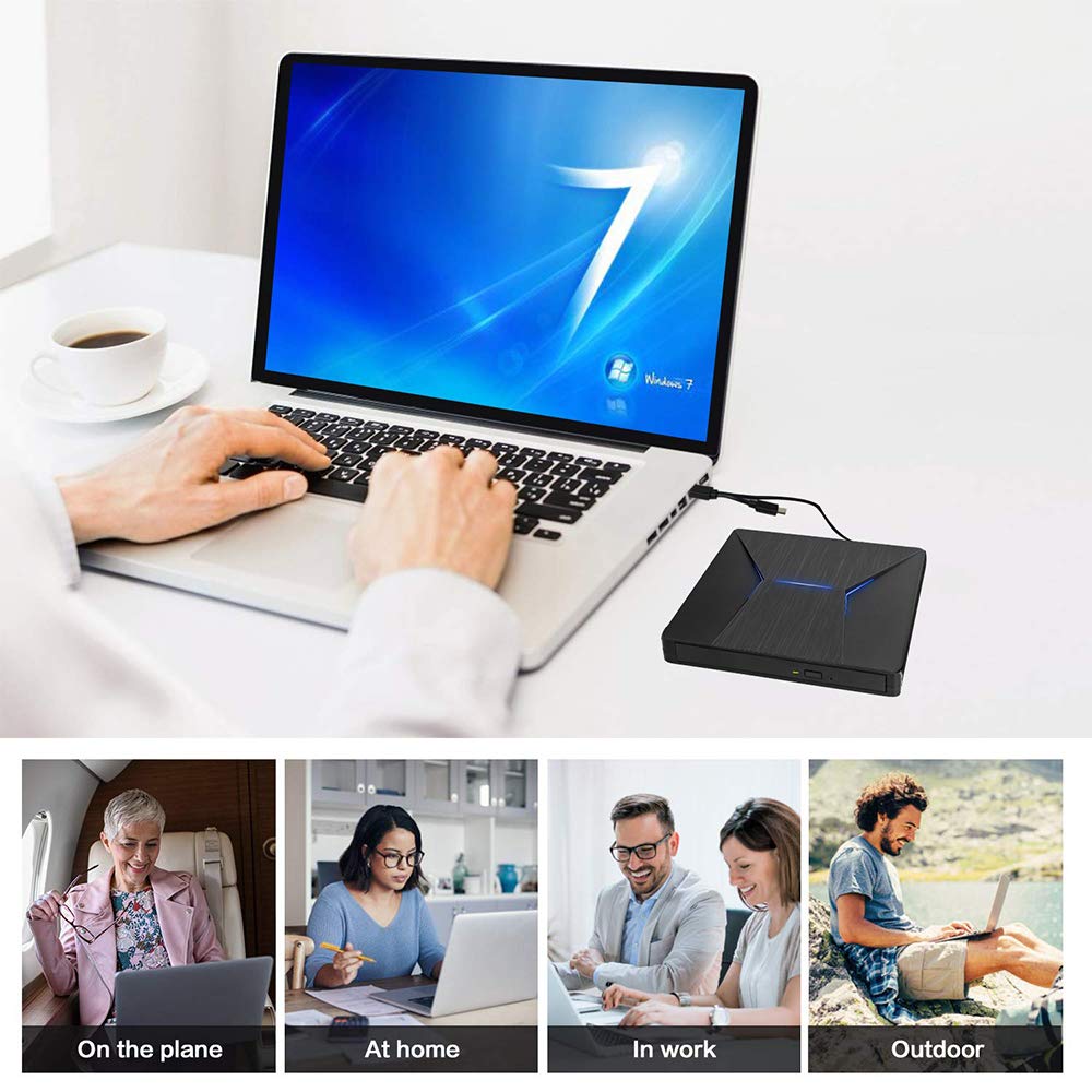External CD DVD Drive USB C USB 3.0 Dual Port Portable CD DVD /-RW Drive,High Speed Data Transfer External Optical Drives for Windows10/MacBook/Desktop/Laptop (Black)