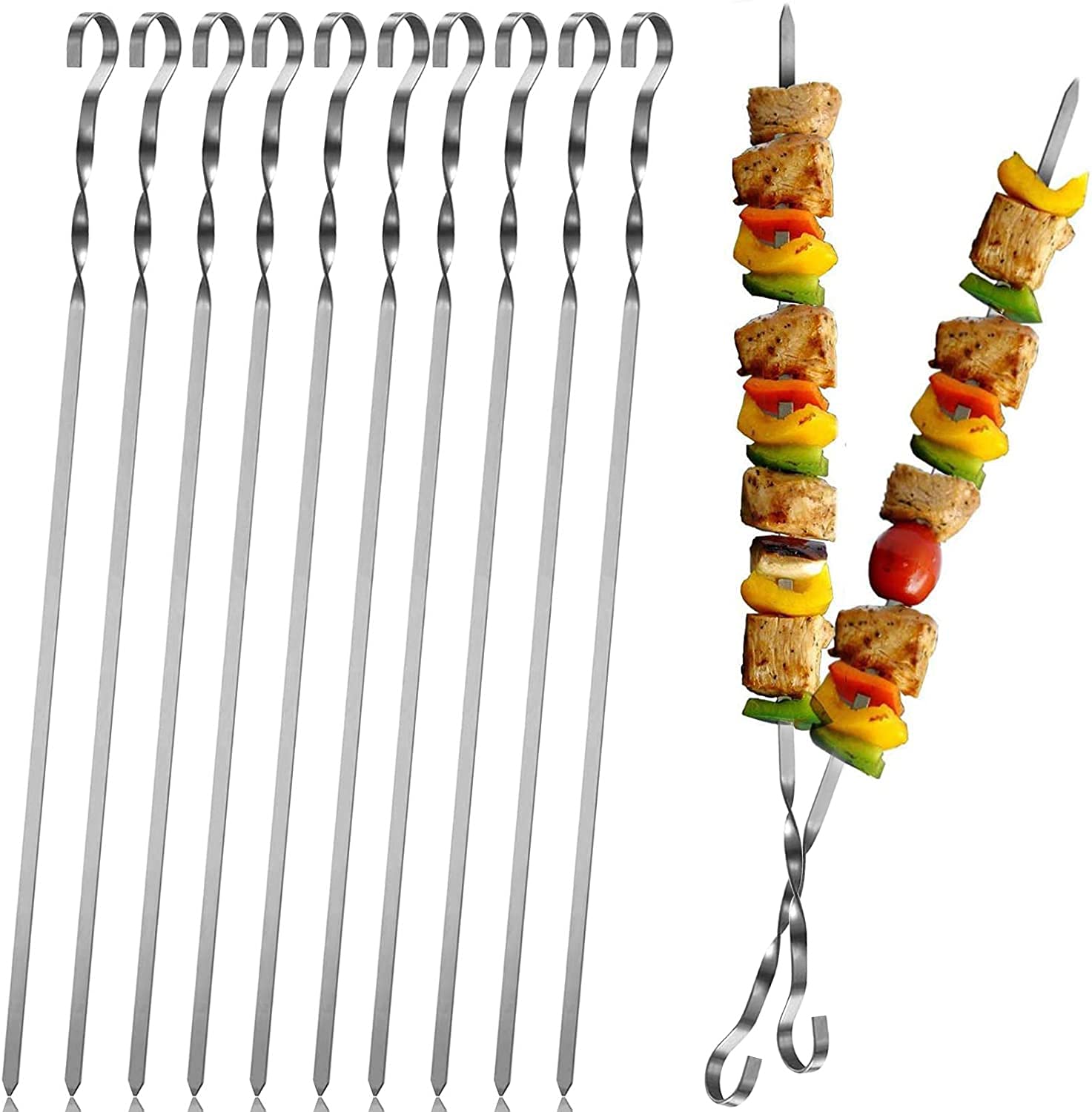 BAODANLE Kebab Skewers, 10 PCS Stainless Steel BBQ Kebab Meat Skewers Set, Flat Metal Barbecue Shish Kebab Stick for Meat Vegetable