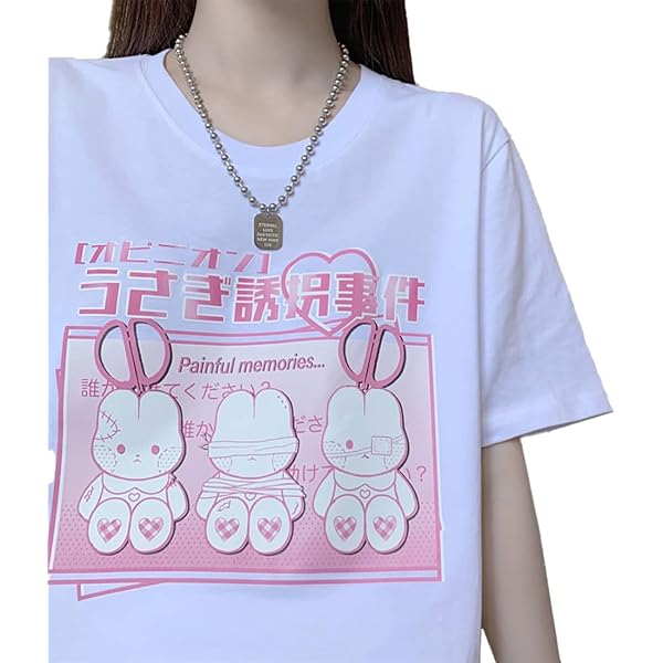 Kawaii Pastel Goth T-Shirt – Rainbow Bunny Cartoon Print, Harajuku Fashion Style, Soft Cotton Crewneck - View #11