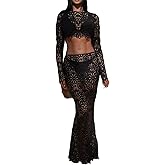 FEUSEUZ Summer Lace Two Piece Skirt Set for Women Sexy White Long Sleeve Crop Shirt Tops Crochet Full Length Skirts Sets