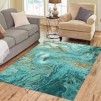 Pinbeam Area Rug Beautiful Abstract Golden and Turquoise Mixed Paints Marble Home Decor Floor Rug 5